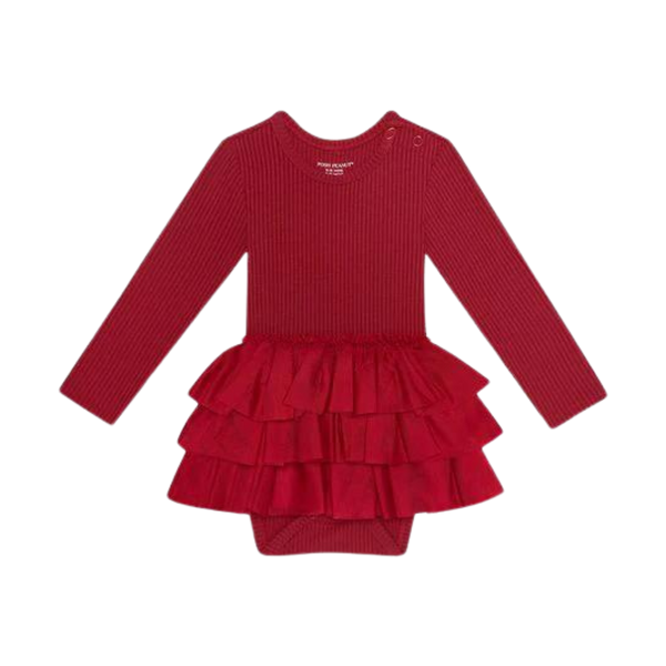 Dark Red Ribbed L/S Tulle Skirt Bodysuit