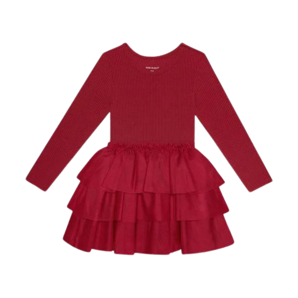 Dark Red Ribbed L/S Tulle Dress