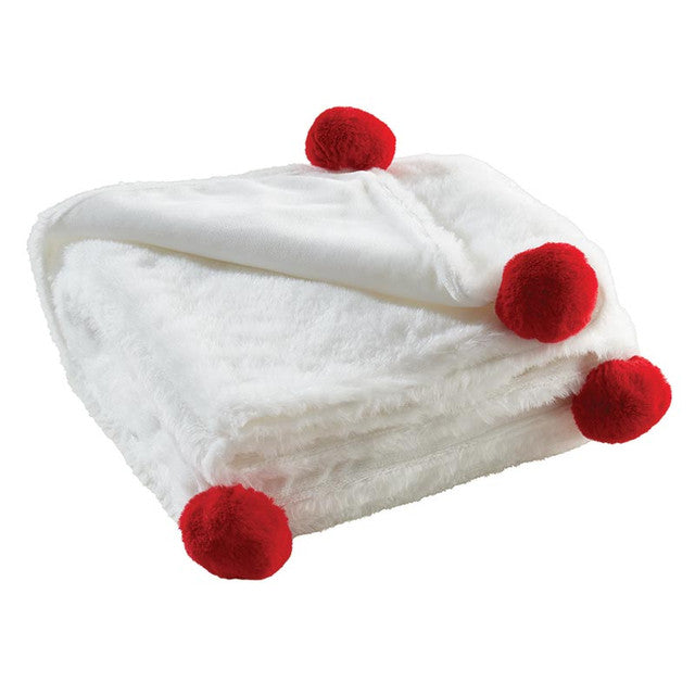 Plush Blanket - White/Red Poms