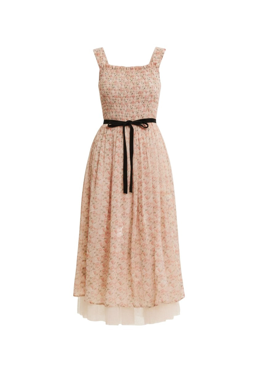 Mom & Me Boutique Alessia sleeveless floral maxi dress in crinkled chiffon with a smocked bodice and velvet belt.