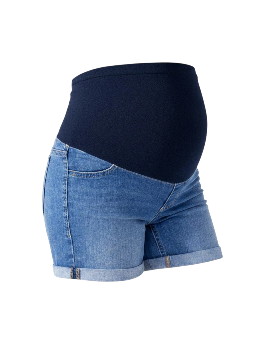Mom & Me Boutique bright blue maternity jean shorts with a comfortable over-the-belly waistband and roll cuff hem.
