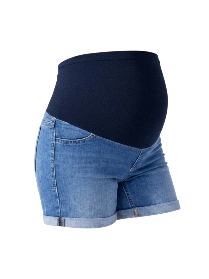 Mom & Me Boutique bright blue maternity jean shorts with a comfortable over-the-belly waistband and roll cuff hem.
