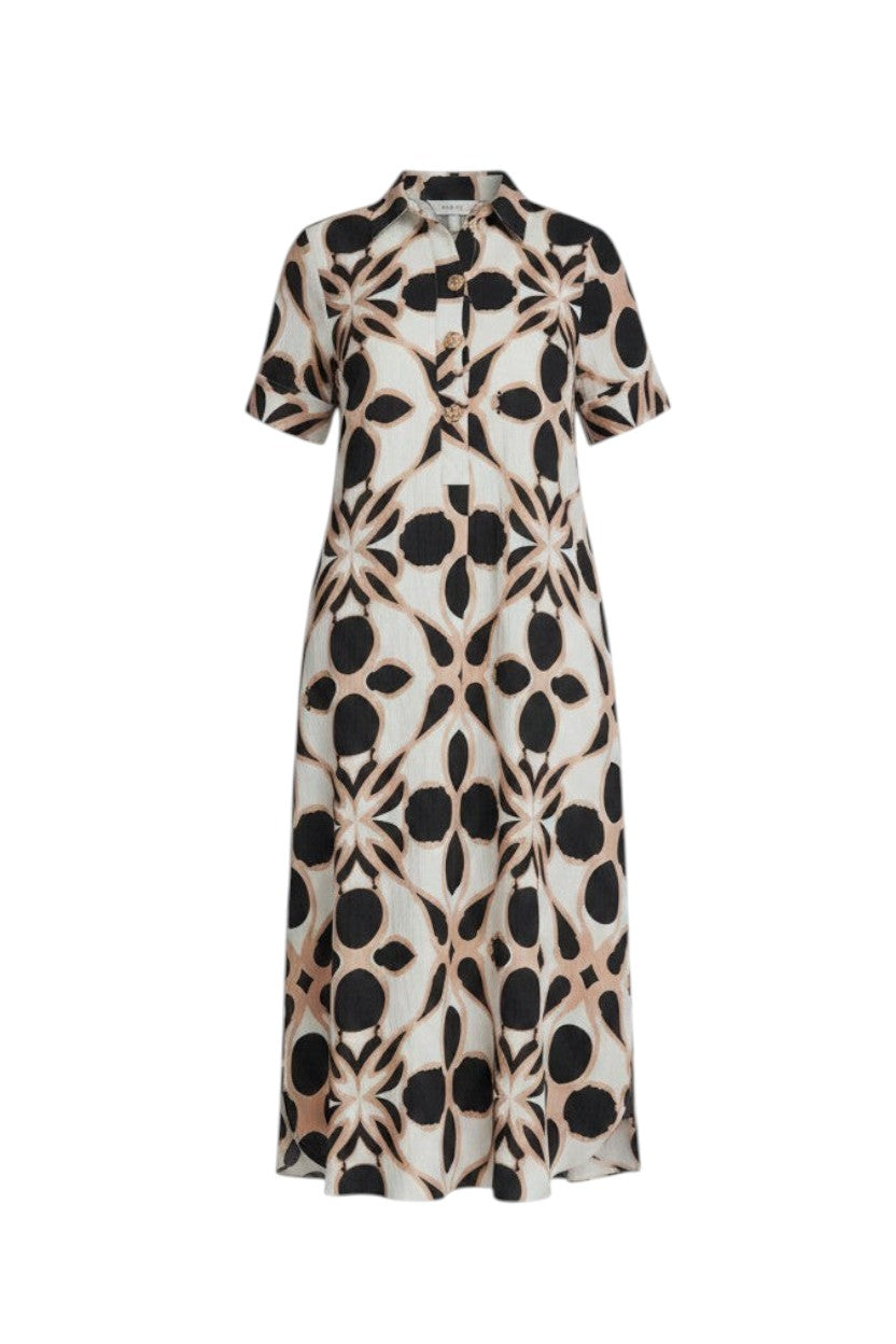 Mom & Me Boutique Alba midi shirt dress in a black, white, and beige geometric print with short sleeves and buttons.