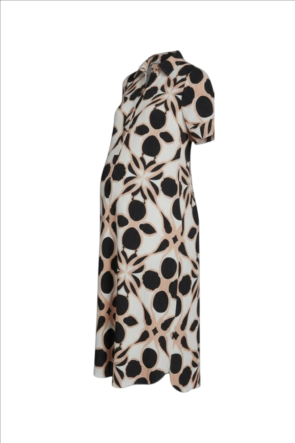 Mom & Me Boutique Alba midi shirt dress in a black, white, and beige geometric print with short sleeves and buttons.