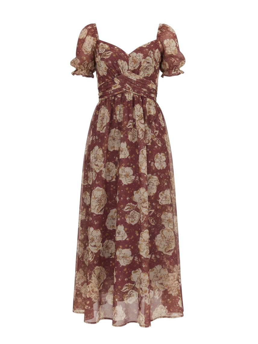 Mom & Me Boutique Alivia midi dress in burgundy floral polyester with sweetheart neckline and puff sleeves