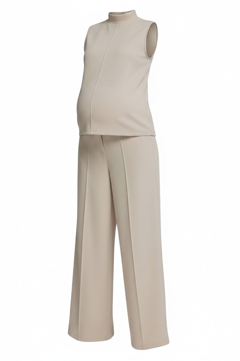 Mom & Me Boutique almond knit maternity set with sleeveless mock neck top and wide leg pants with front center seams.