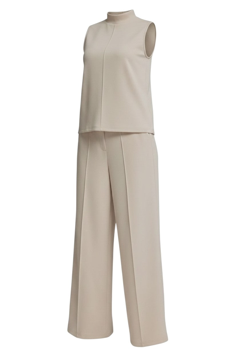 Mom & Me Boutique almond knit set featuring a sleeveless mock neck top and wide leg pants with a center seam.