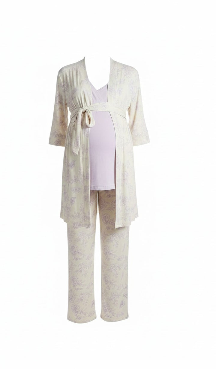 Mom & Me Boutique Analise 5-Piece Bali maternity nursing set in cream and lavender floral print with robe and pants.