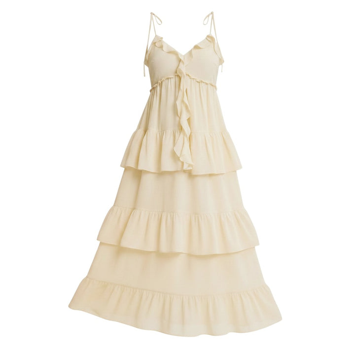 Mom & Me Boutique Anastasia maxi dress in banana cream with sweetheart neckline, ribbon ties, and tiered ruffles.