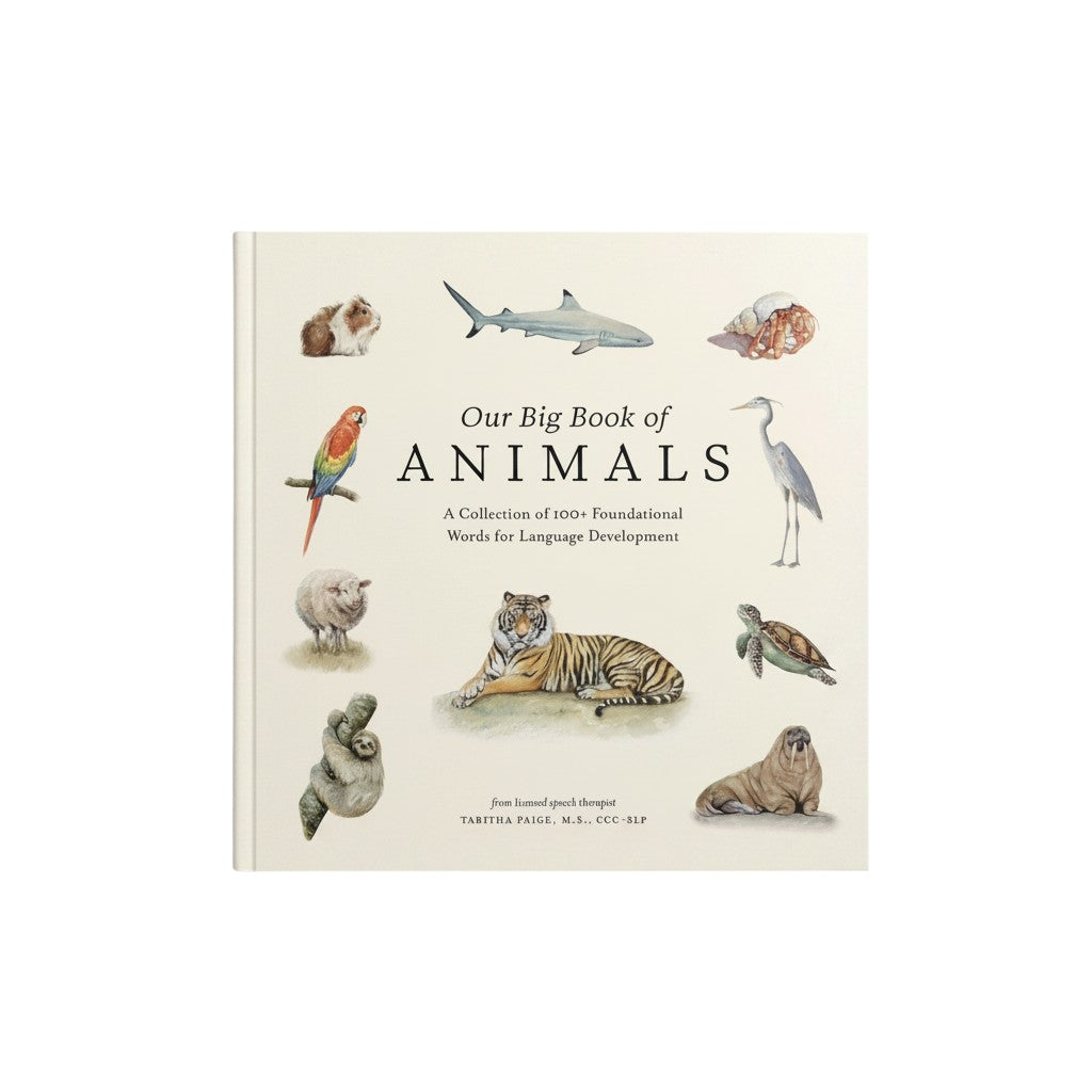 Mom & Me Boutique Our Big Book of Animals board book featuring elegant watercolor animal illustrations on cream cover