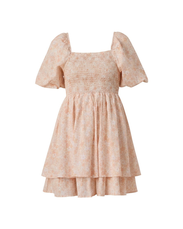Mom & Me Boutique Annette cotton dress in natural petal garden floral print with smocked bodice and balloon sleeves.