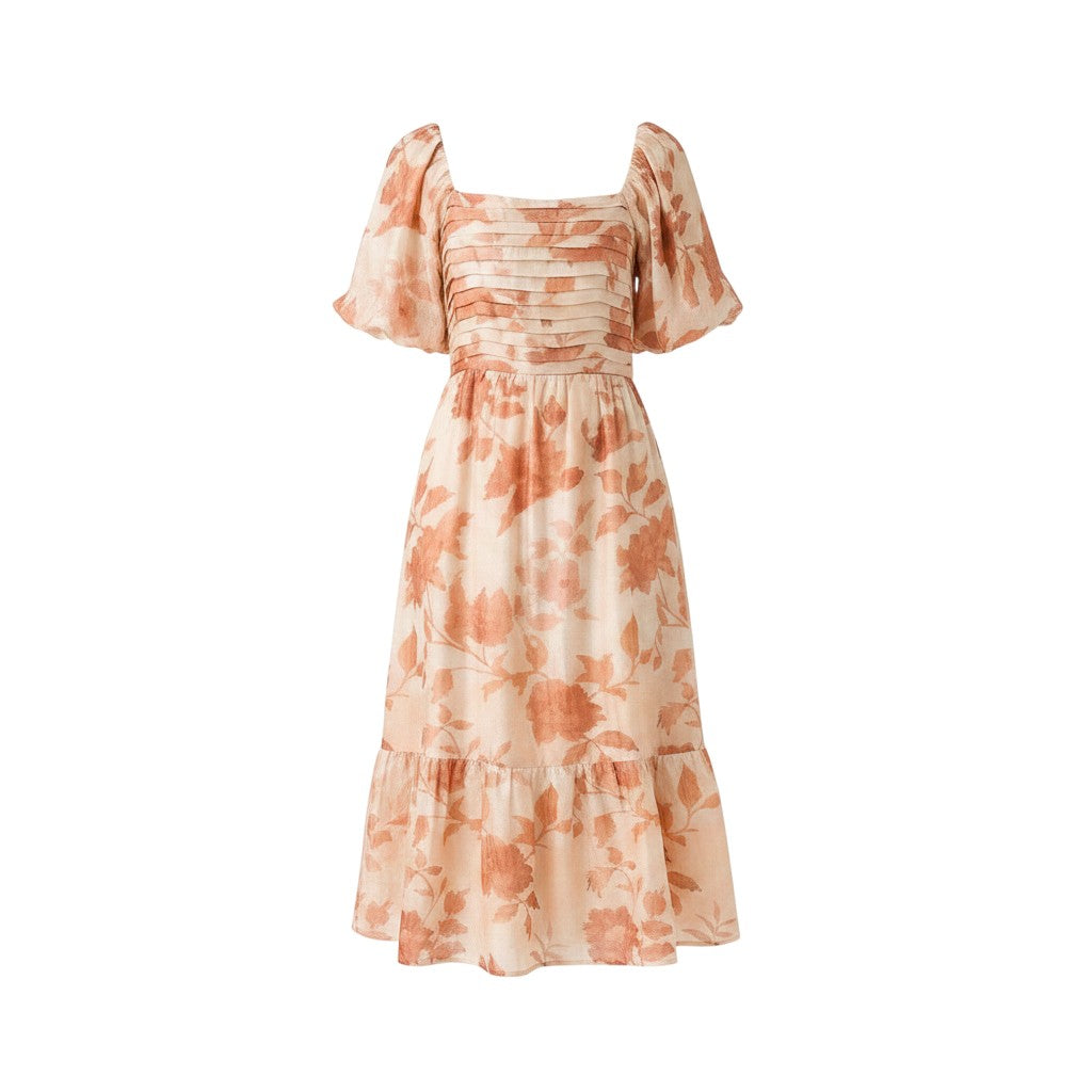 Mom & Me Boutique apricot floral midi dress with square neck, puff sleeves, and pleated chest detail.