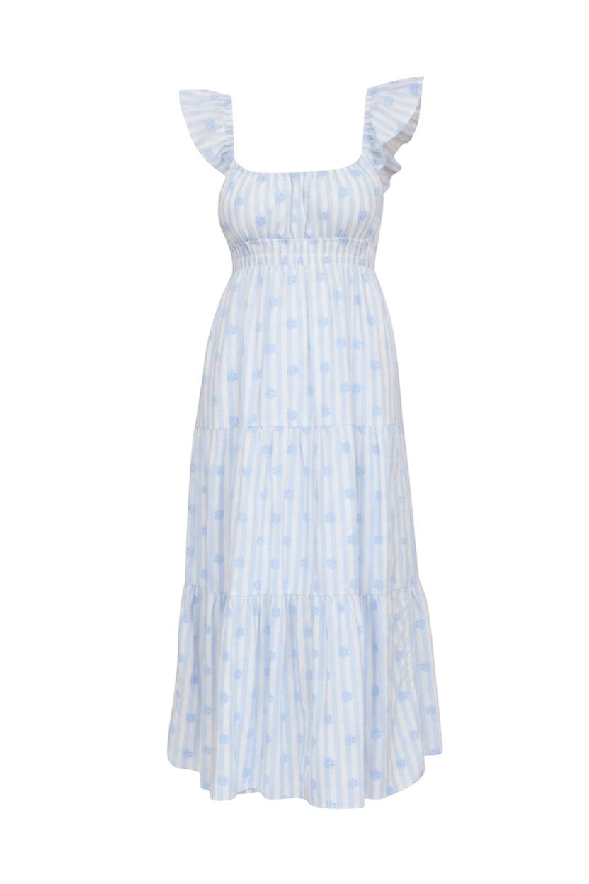 Mom & Me Boutique Arden light blue midi dress with stripe floral pattern, flounce straps, and tiered skirt design.