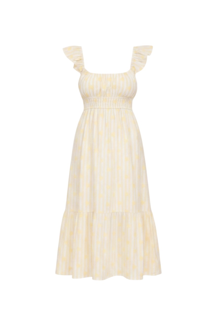 Mom & Me Boutique Arden light yellow midi dress with floral stripes, flounce straps, and a tiered cotton skirt.