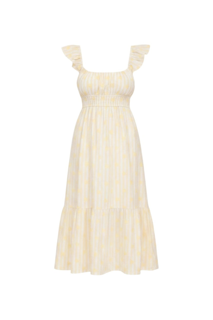 Mom & Me Boutique Arden light yellow midi dress with floral stripes, flounce straps, and a tiered cotton skirt.