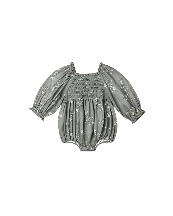 Mom & Me Boutique Autumn Romper in eucalyptus french blue floral print with smocked bodice and bubble sleeves.