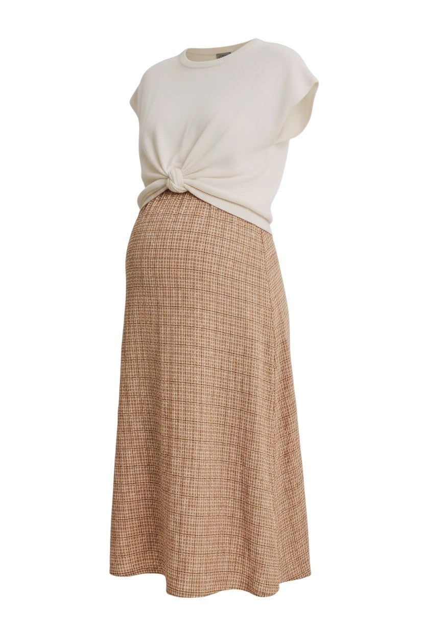 Mom & Me Boutique Ava twofer midi dress featuring a cream knit top and a tan gingham skirt with a knotted waist