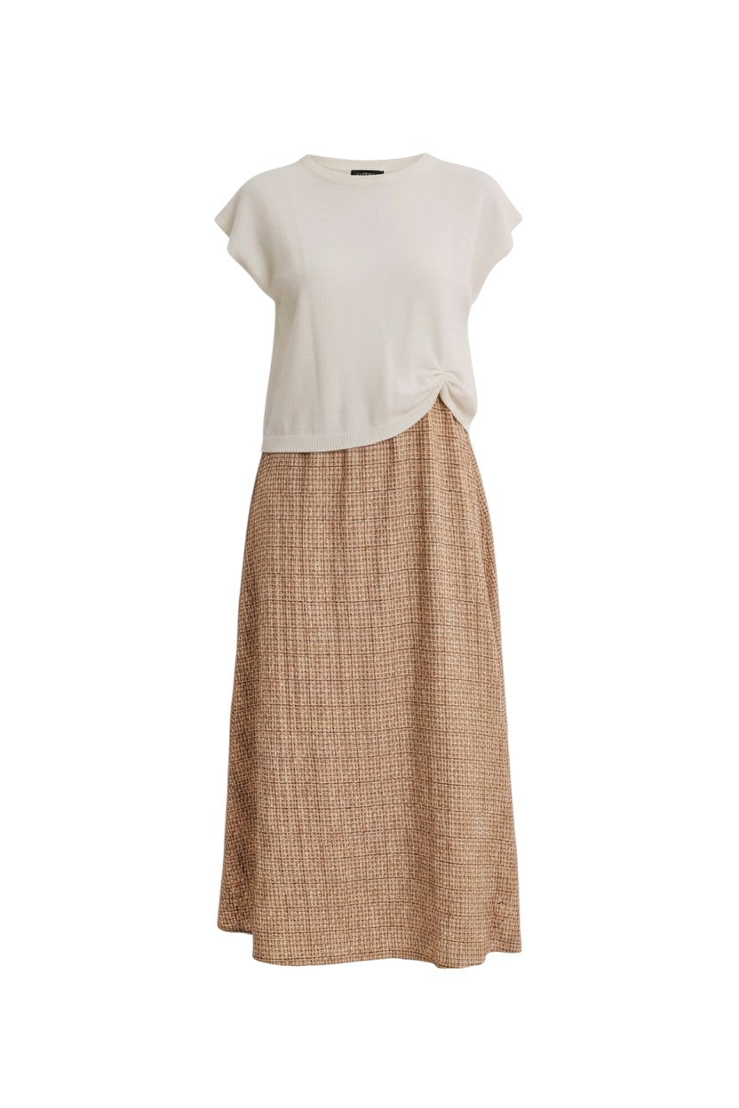 Mom & Me Boutique Ava twofer midi dress featuring a cream knit sweater top and a brown gingham skirt with bow back