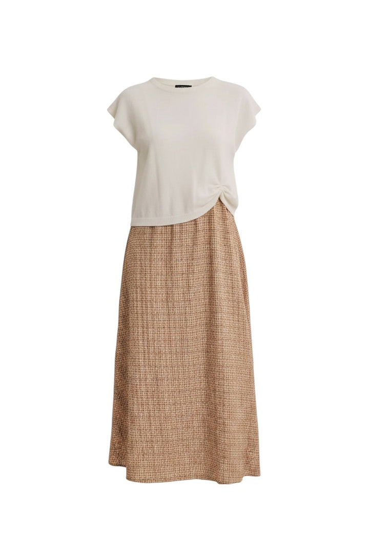 Mom & Me Boutique Ava twofer midi dress featuring a cream knit sweater top and a brown gingham skirt with bow back