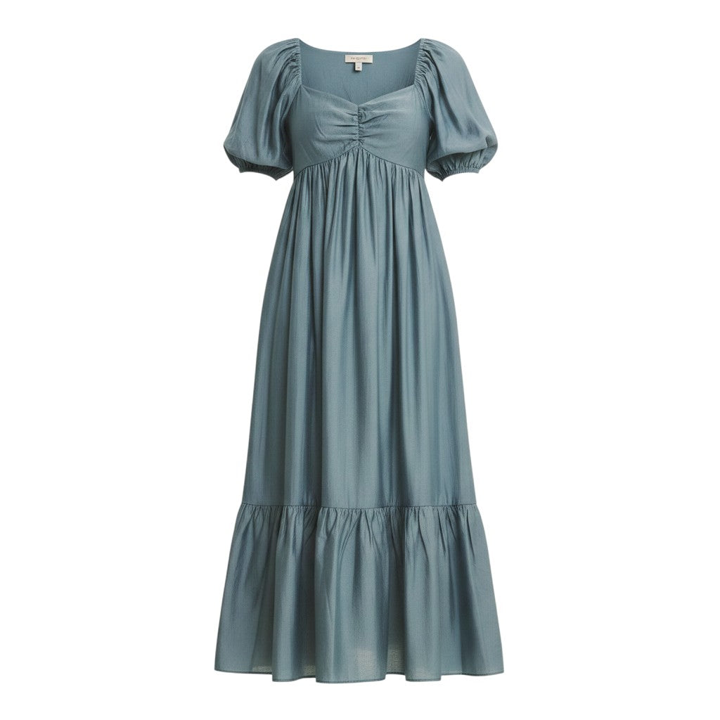 Mom & Me Boutique Avery midi dress in dusk blue featuring a sweetheart neckline, flutter sleeves, and side pockets.