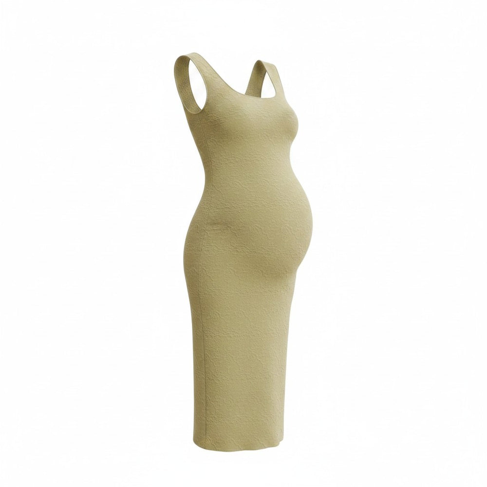 Mom & Me Boutique avocado green jacquard bodycon midi maternity dress with a sleeveless scoop neck design