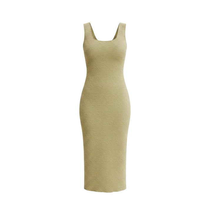 Mom & Me Boutique Jovie avocado green jacquard bodycon midi dress with a scoop neckline and sleeveless design.