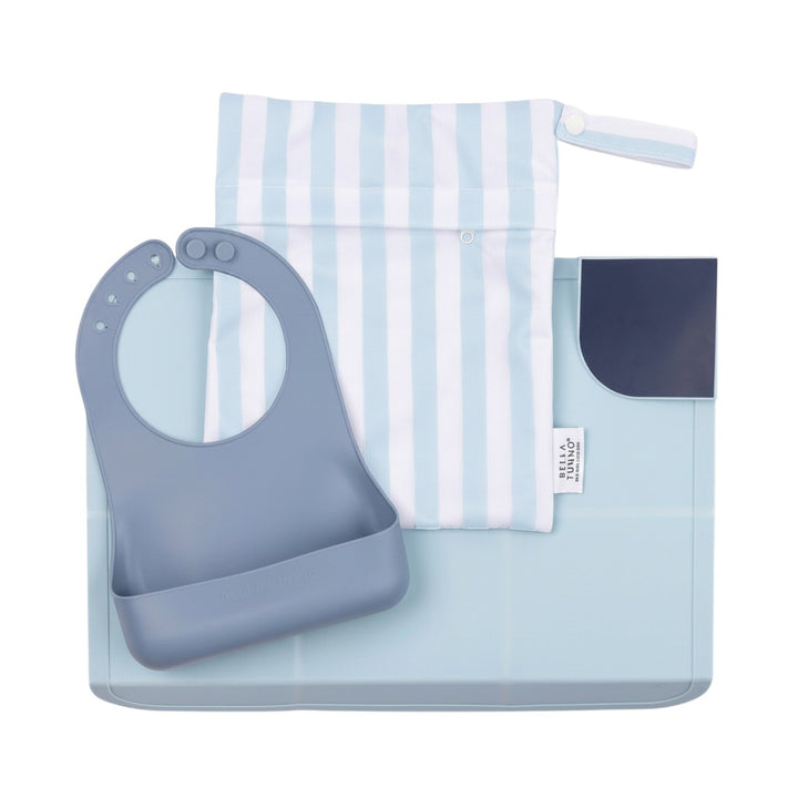 Mom & Me Boutique Shooting Star mealtime set with blue silicone bib, foldable placemat, and striped wet bag.
