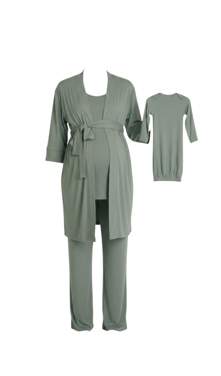 Mom & Me Boutique 5-piece basil maternity nursing set with robe, top, pants, newborn gown, and matching baby hat.