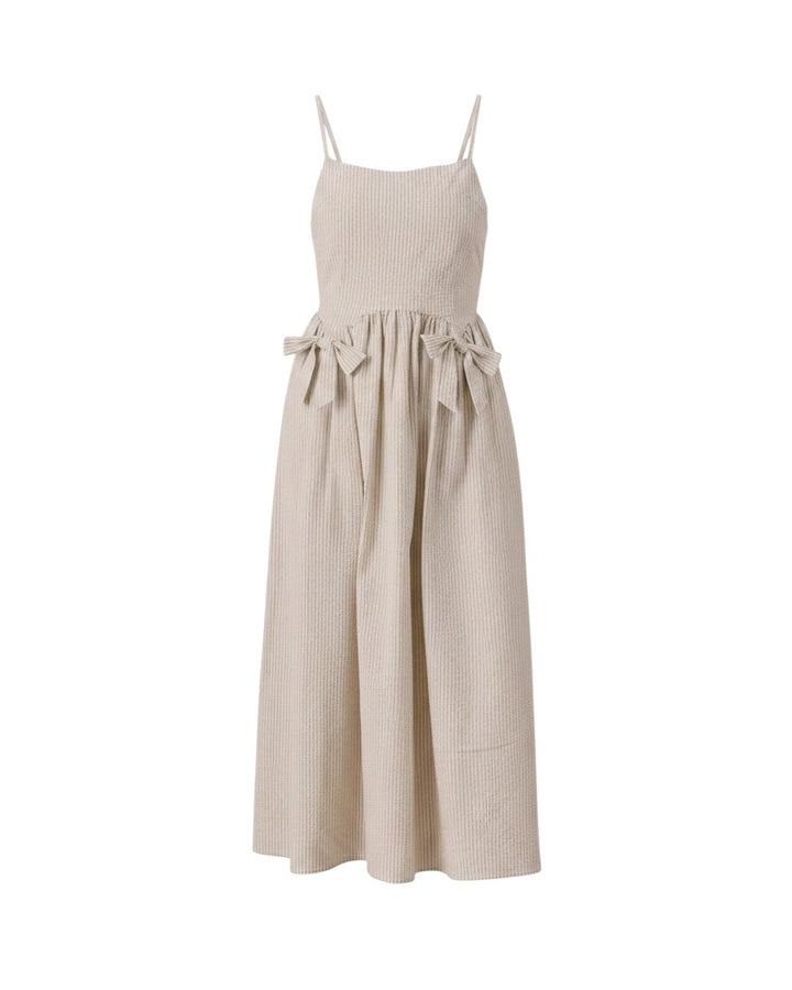 Mom & Me Boutique Beatrice midi dress in sky stripe cotton with spaghetti straps, curved neckline, and front bows.