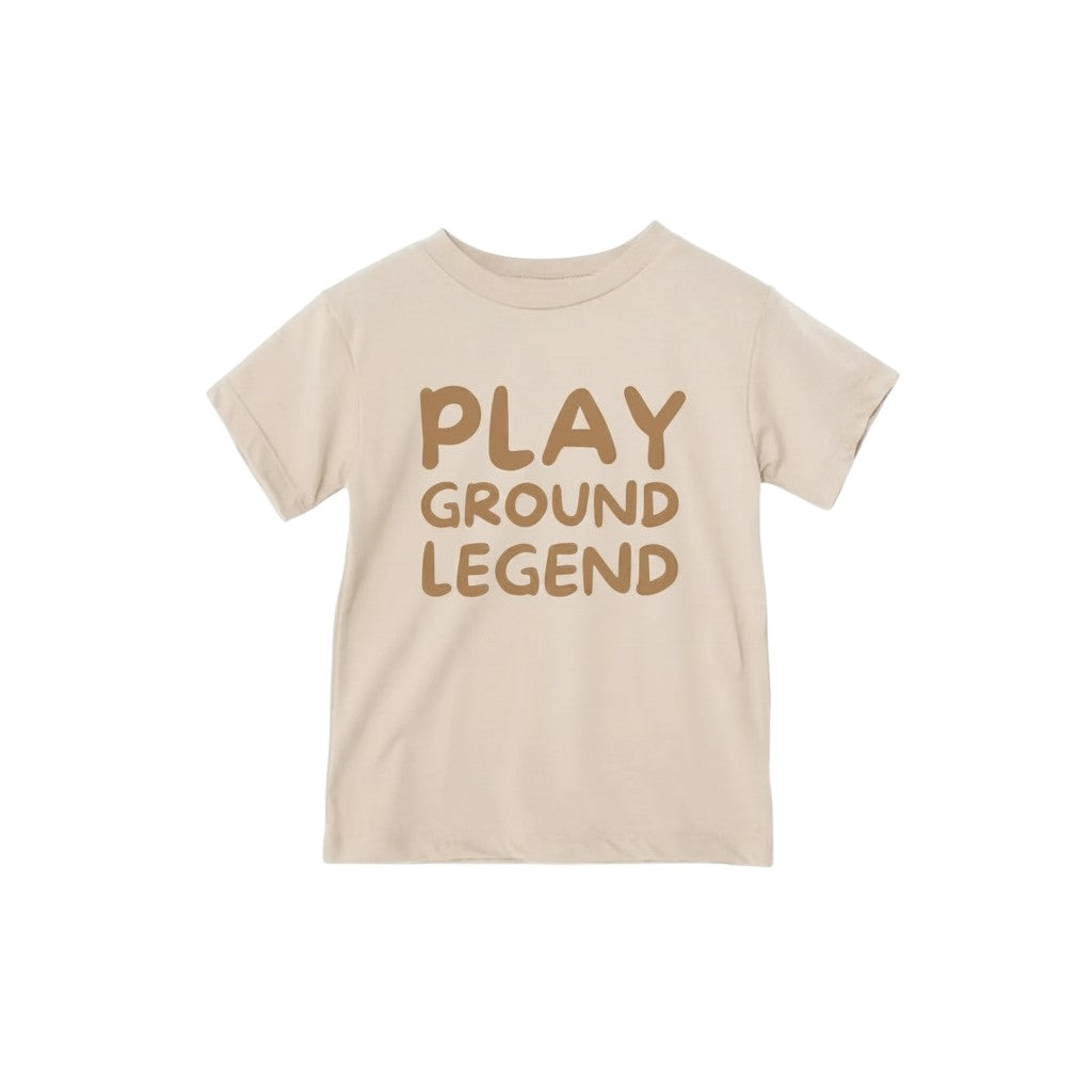 Mom & Me Boutique beige short sleeve graphic tee with Playground Legend text in brown for children