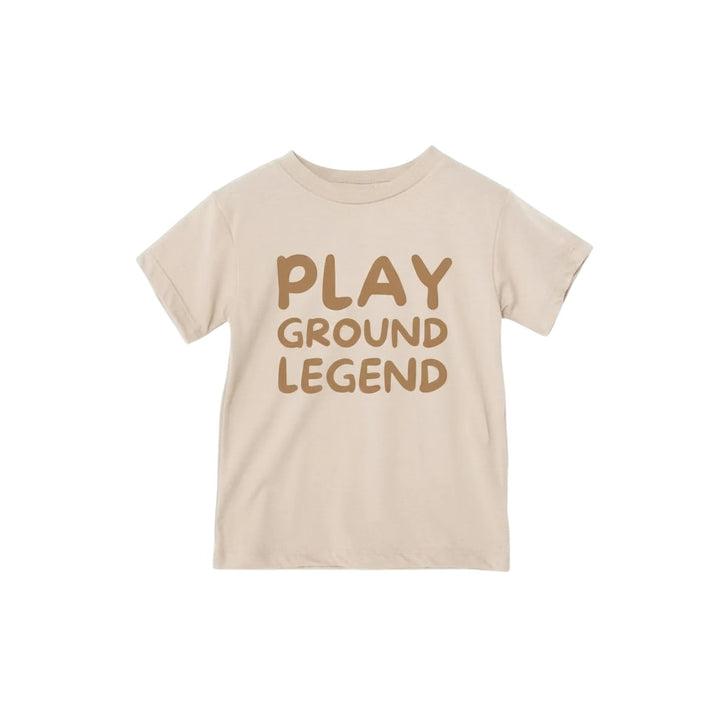 Mom & Me Boutique beige short sleeve graphic tee with Playground Legend text in brown for children