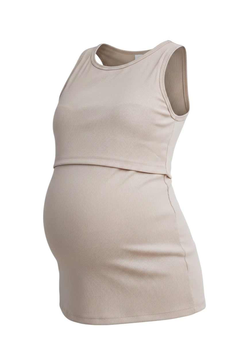 Mom & Me Boutique beige sleeveless maternity nursing tank top in ribbed rayon blend fabric with double layer design