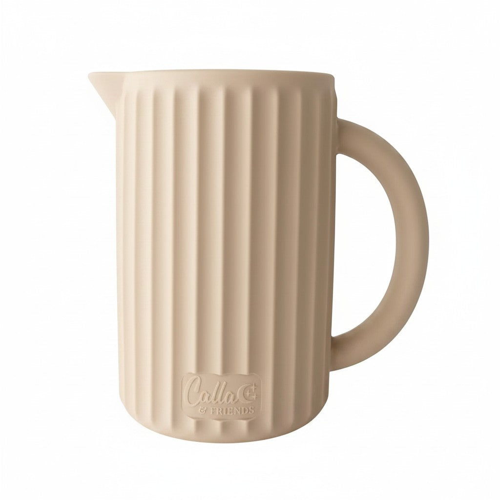 Mom & Me Boutique beige silicone ripple rinse cup with a ribbed design and easy-grip handle for gentle bath time rinsing.