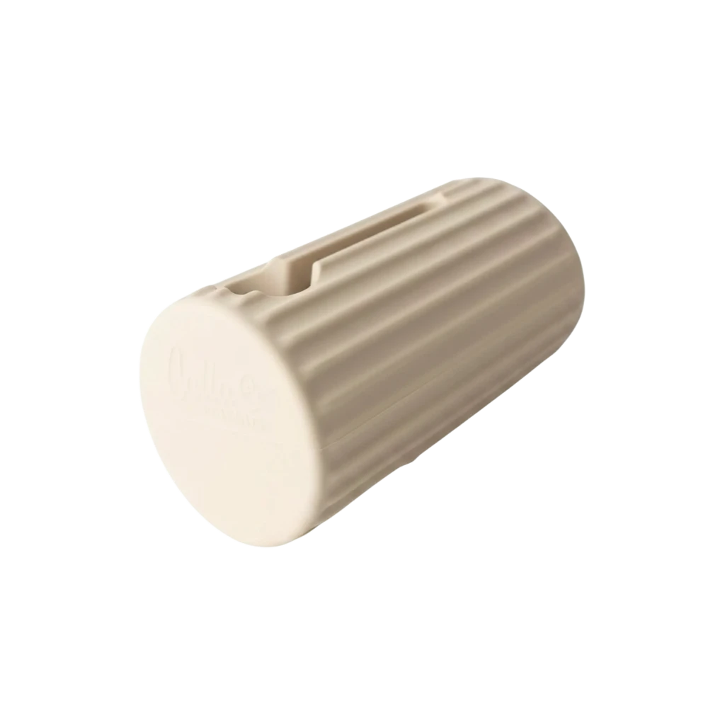 Mom & Me Boutique beige silicone bathtub spout cover with a ribbed design for baby bath safety