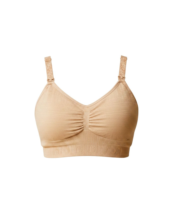 Mom & Me Boutique beige Sublime pumping bra with seamless knit fabric, adjustable straps, and nursing clips.