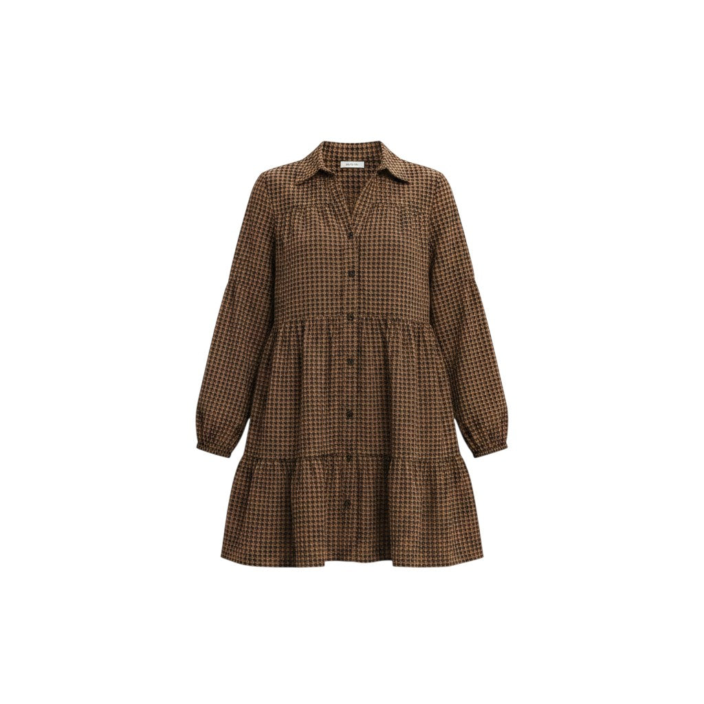 Mom & Me Boutique Bellamy brown houndstooth babydoll mini dress with a collared v-neck and long balloon sleeves.