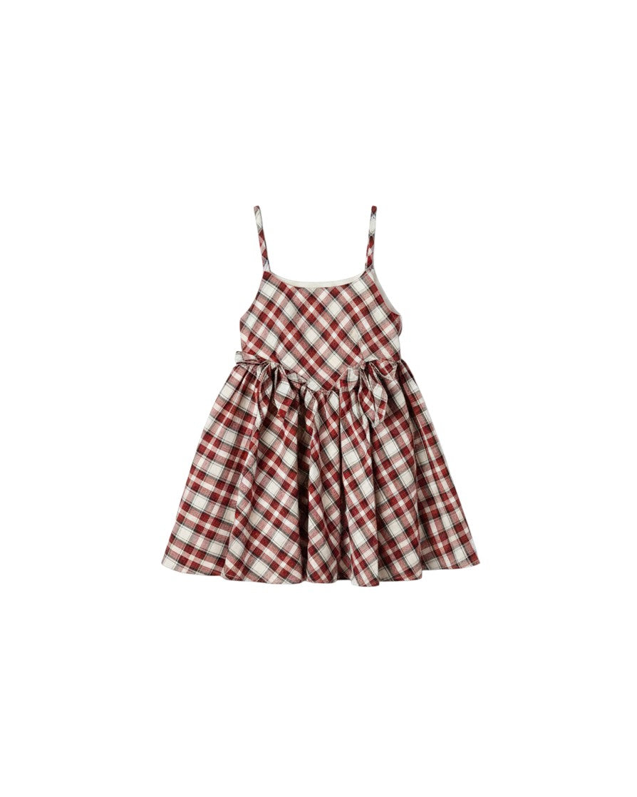 Mom & Me Boutique Betsy Dress in red and white holiday tartan cotton with spaghetti straps and front waist bows.