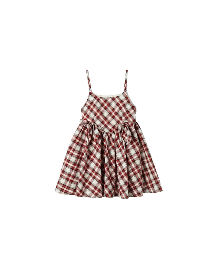 Mom & Me Boutique Betsy Dress in red and white holiday tartan cotton with spaghetti straps and front waist bows.