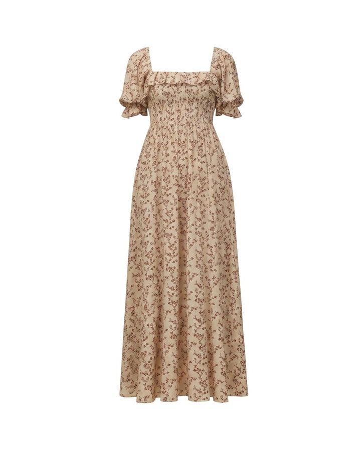 Mom & Me Boutique Birdie Dress in natural floral toile viscose with puff sleeves, ruffle trim, and smocked bodice.
