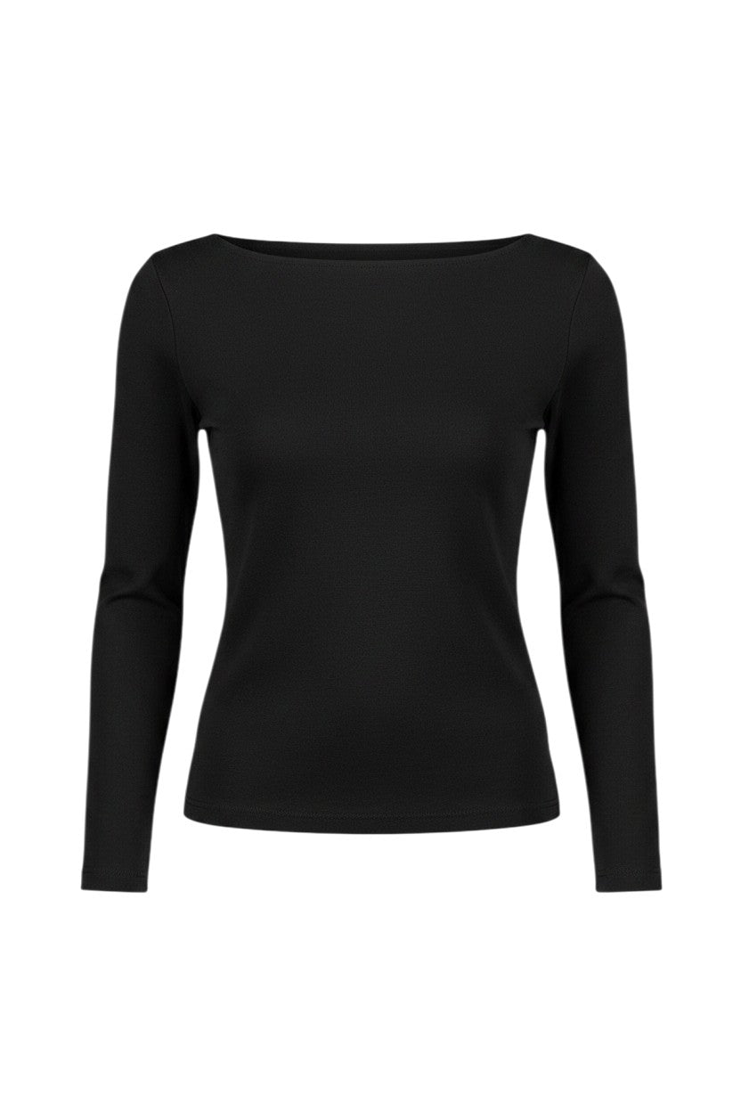 Mom & Me Boutique black long sleeve knit top with an asymmetrical neckline and shoulder cutout detail.
