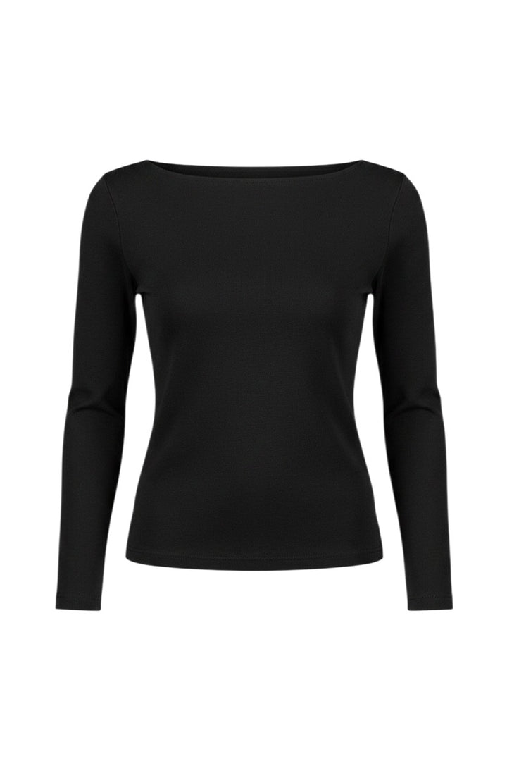 Mom & Me Boutique black long sleeve knit top with an asymmetrical neckline and shoulder cutout detail.