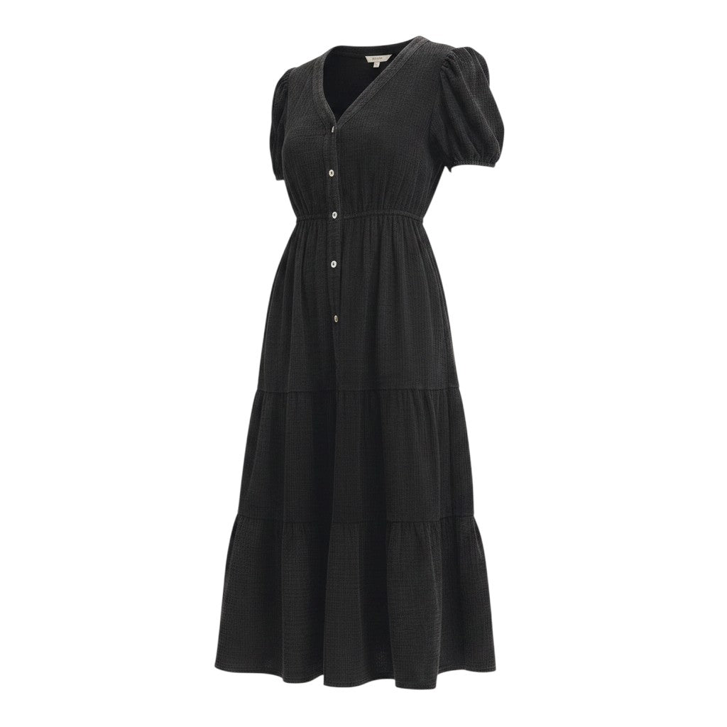 Mom & Me Boutique vintage black cotton gauze midi dress with V-neck, puff sleeves, and button-down tiered ruffles.