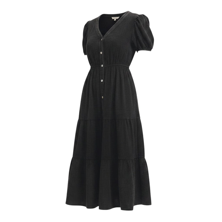 Mom & Me Boutique vintage black cotton gauze midi dress with V-neck, puff sleeves, and button-down tiered ruffles.