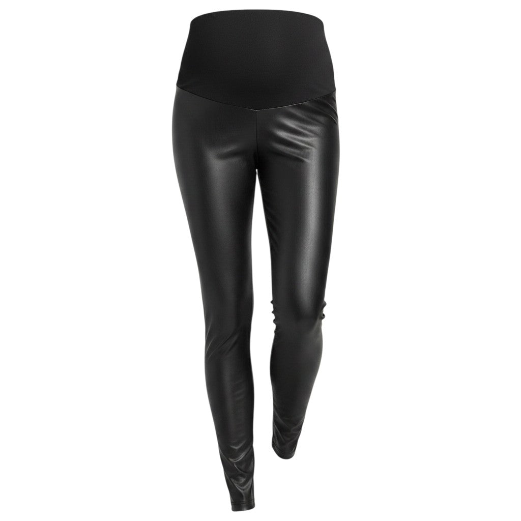 Mom & Me Boutique black faux leather maternity leggings with a high-rise supportive waistband for pregnancy comfort.