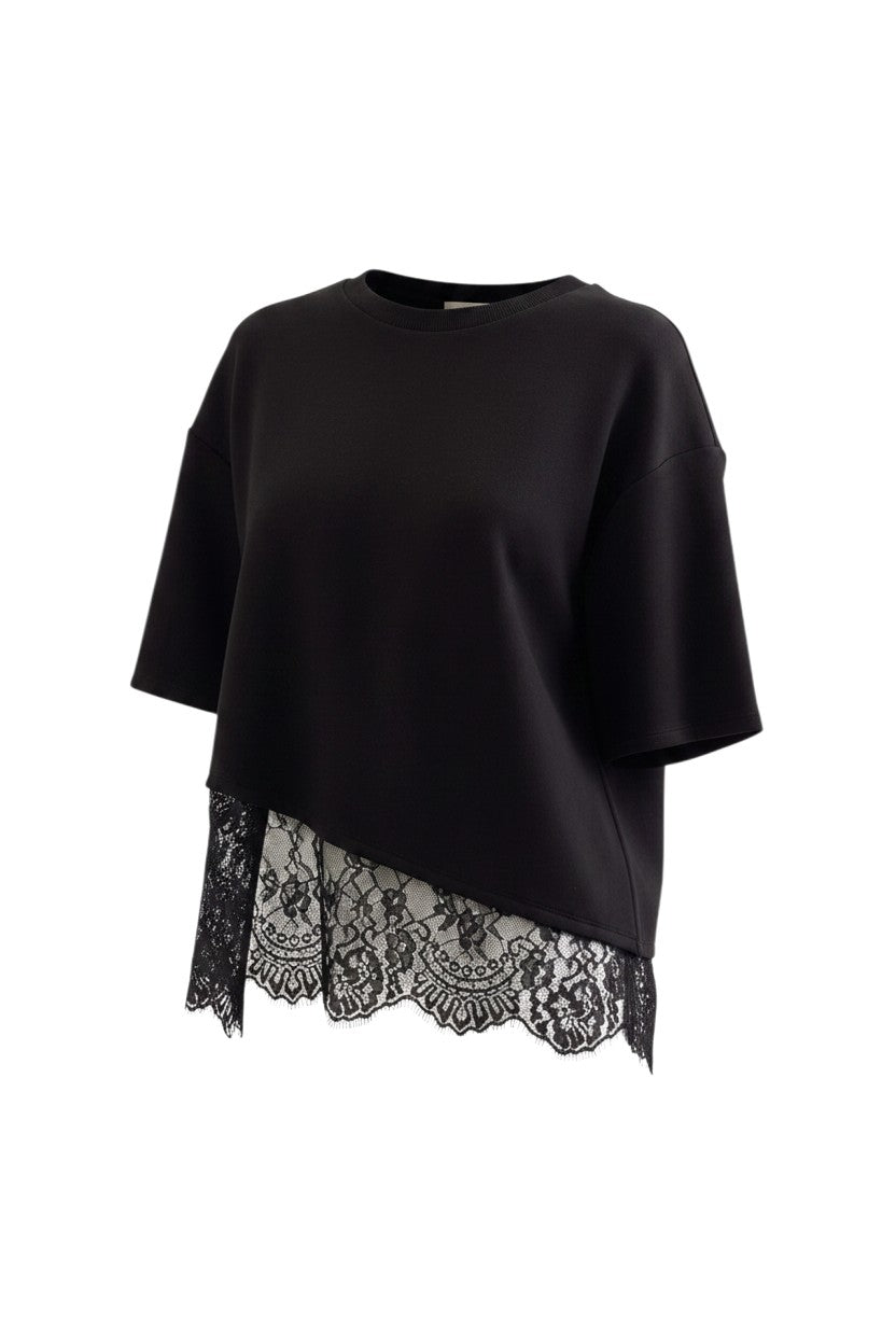 Mom & Me Boutique black short sleeve knit top with a delicate scalloped lace hem detail.
