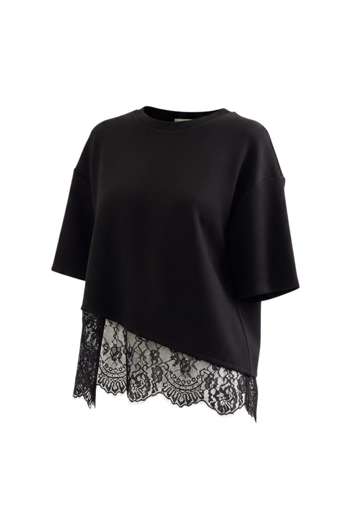 Mom & Me Boutique black short sleeve knit top with a delicate scalloped lace hem detail.