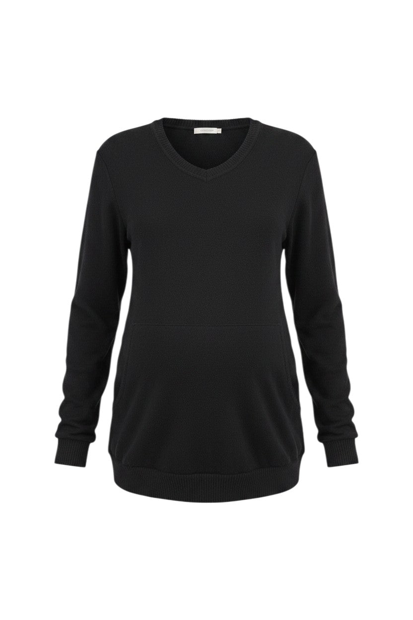 Mom & Me Boutique black V-neck maternity nursing pullover with long sleeves and side pockets in knit fabric.