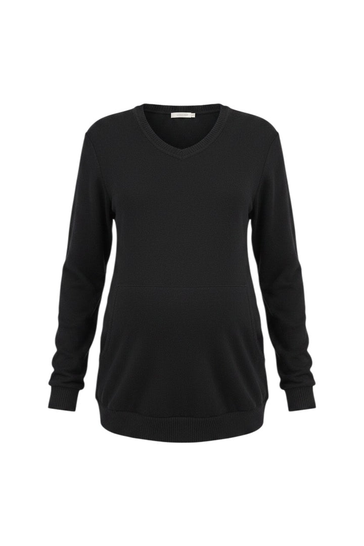 Mom & Me Boutique black V-neck maternity nursing pullover with long sleeves and side pockets in knit fabric.