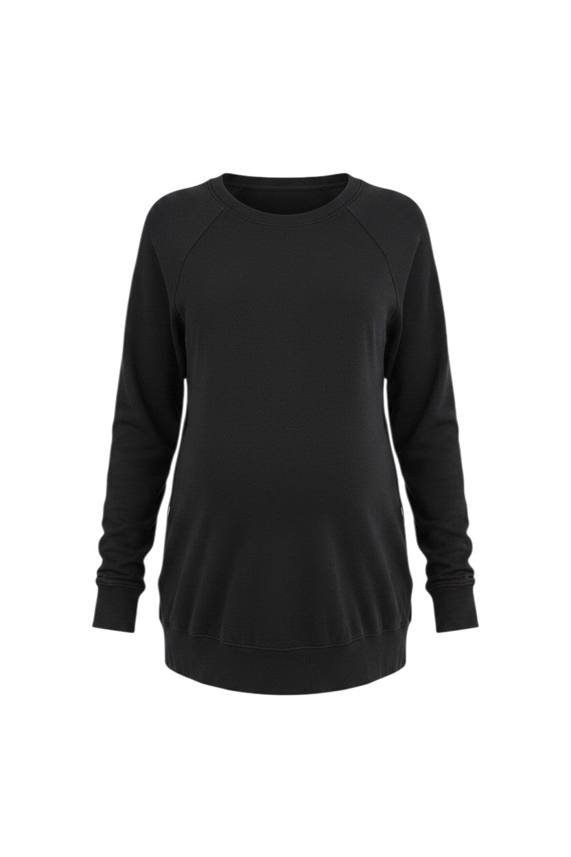 Mom & Me Boutique black long sleeve maternity nursing pullover with crew neck and side zip access.