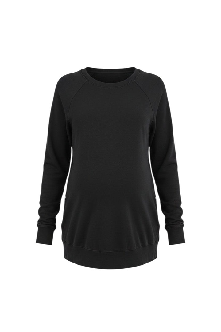 Mom & Me Boutique black long sleeve maternity nursing pullover with crew neck and side zip access.